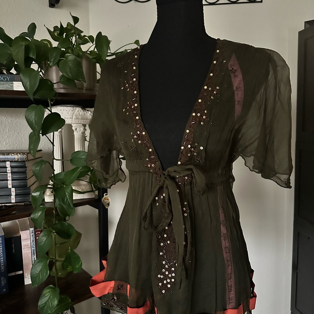 Sugarlips Olive and Coral Embellished Tunic 100% Silk